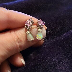 PINK CZ AND OPAL EARRINGS,  GOLD OVER STERLING SILVER
